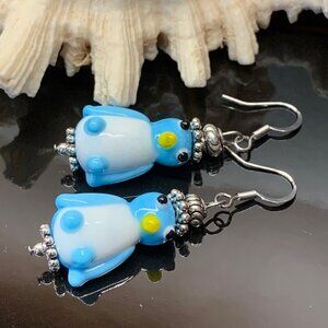 Sky Blue Penguin Animal Lampwork Bead Handmade Pierced Earrings LR150
